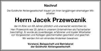 Traueranzeige von Jacek Przewoznik von Memminger Zeitung