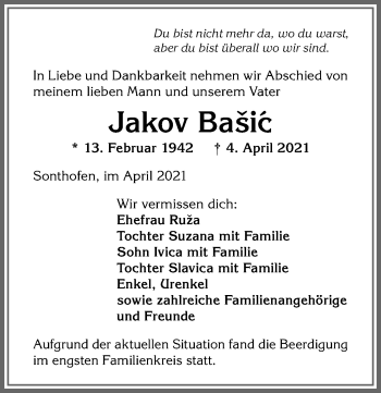 Traueranzeige von Jakov Basic von Allgäuer Anzeigeblatt