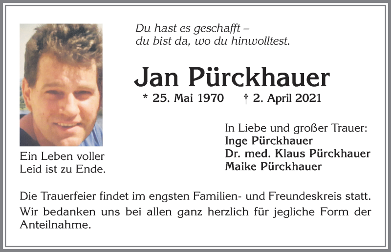  Traueranzeige für Jan Pürckhauer vom 24.04.2021 aus Allgäuer Zeitung,Kempten