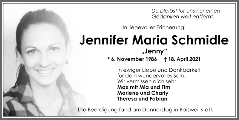  Traueranzeige für Jennifer Maria Schmidle vom 27.04.2021 aus Allgäuer Zeitung, Kaufbeuren/Buchloe