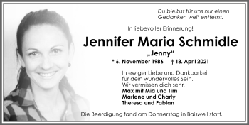Traueranzeige von Jennifer Maria Schmidle von Allgäuer Zeitung, Kaufbeuren/Buchloe