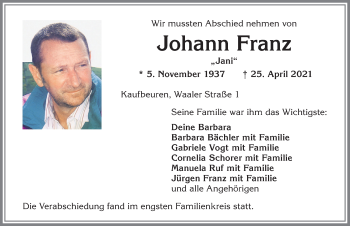 Traueranzeige von Johann Franz von Allgäuer Zeitung, Kaufbeuren/Buchloe