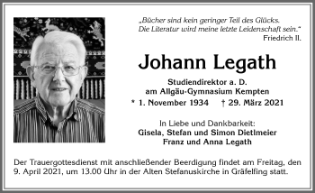 Traueranzeige von Johann Legath von Allgäuer Zeitung,Kempten