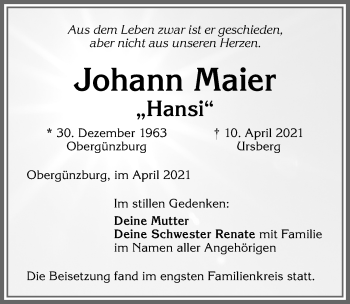 Traueranzeige von Johann Maier von Allgäuer Zeitung, Marktoberdorf