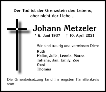 Traueranzeige von Johann Metzeler von Memminger Zeitung