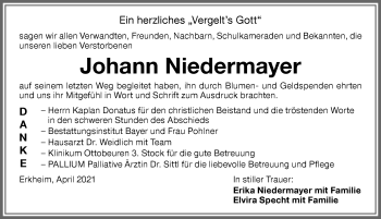 Traueranzeige von Johann Niedermayer von Memminger Zeitung