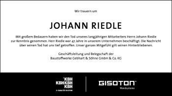 Traueranzeige von Johann Riedle von Memminger Zeitung