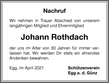 Traueranzeige von Johann Rothdach von Memminger Zeitung