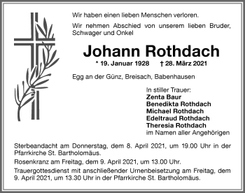 Traueranzeige von Johann Rothdach von Memminger Zeitung