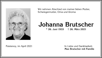 Traueranzeige von Johanna Brutscher von Allgäuer Anzeigeblatt