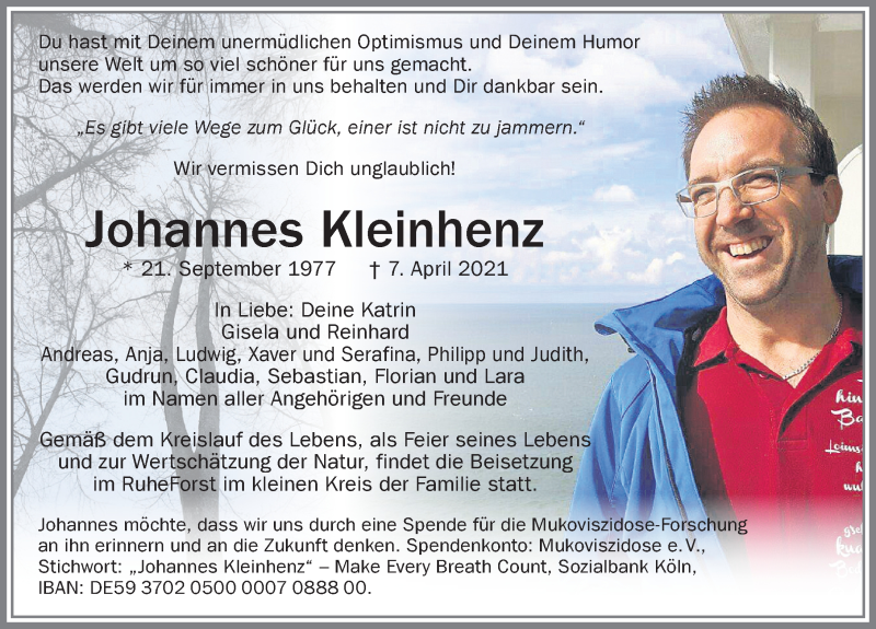  Traueranzeige für Johannes Kleinhenz vom 17.04.2021 aus Allgäuer Zeitung, Füssen