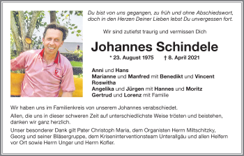 Traueranzeige von Johannes Schindele von Memminger Zeitung