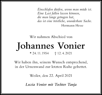 Traueranzeige von Johannes Vonier von Der Westallgäuer