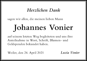Traueranzeige von Johannes Vonier von Der Westallgäuer