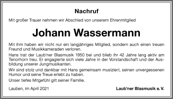 Traueranzeige von Johannes Wassermann von Memminger Zeitung