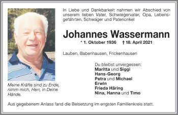 Traueranzeige von Johannes Wassermann von Memminger Zeitung