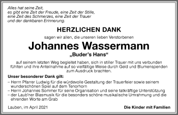 Traueranzeige von Johannes Wassermann von Memminger Zeitung