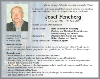 Traueranzeige von Josef Feneberg von Allgäuer Zeitung, Marktoberdorf