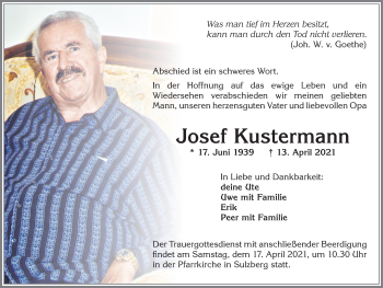 Traueranzeige von Josef Kustermann von Allgäuer Zeitung,Kempten