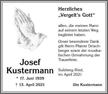 Traueranzeige von Josef Kustermann von Allgäuer Zeitung,Kempten