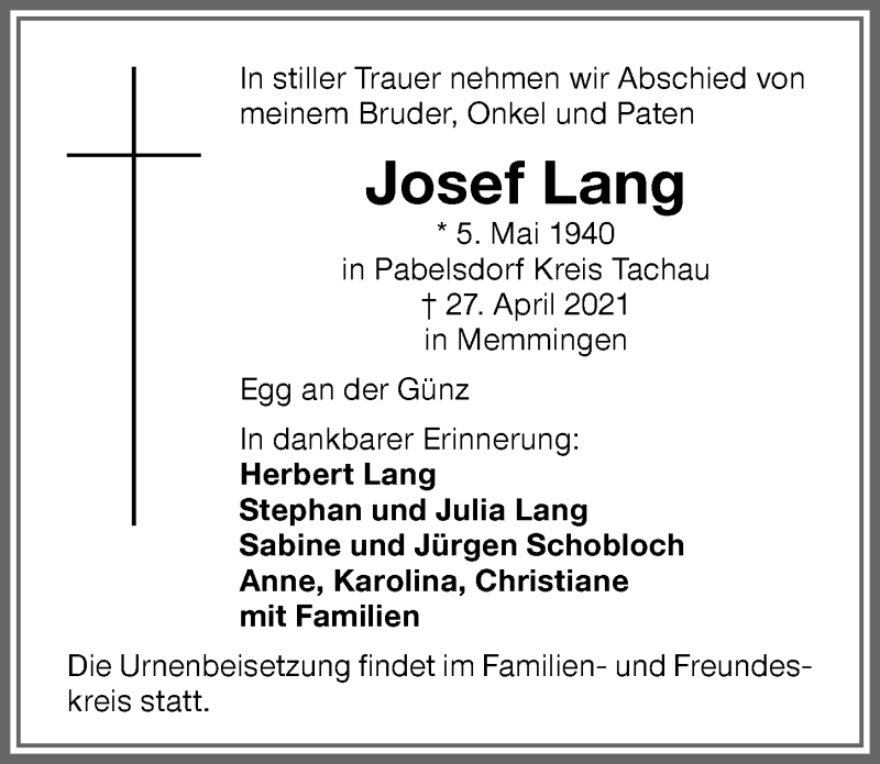  Traueranzeige für Josef Lang vom 30.04.2021 aus Memminger Zeitung