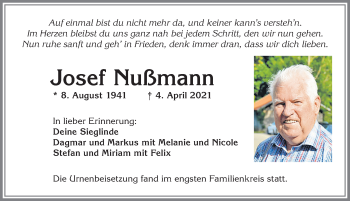 Traueranzeige von Josef Nußmann von Allgäuer Zeitung,Kempten