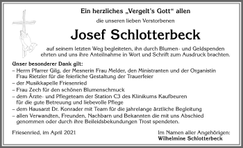 Traueranzeige von Josef Schlotterbeck von Allgäuer Zeitung, Kaufbeuren/Buchloe