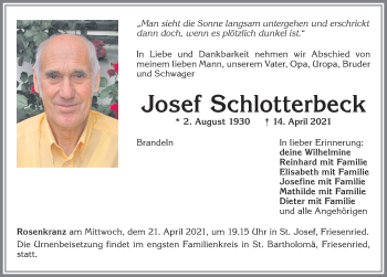Traueranzeige von Josef Schlotterbeck von Allgäuer Zeitung, Kaufbeuren/Buchloe