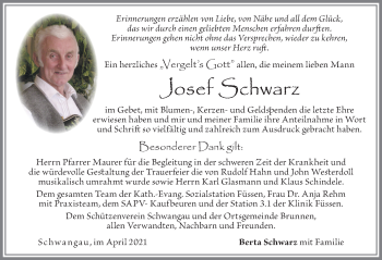 Traueranzeige von Josef Schwarz von Allgäuer Zeitung, Füssen