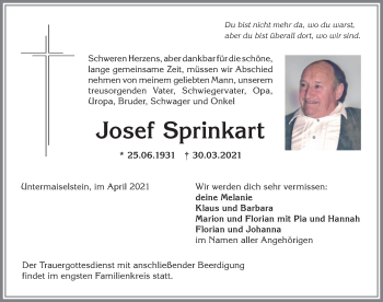 Traueranzeige von Josef Sprinkart von Allgäuer Anzeigeblatt