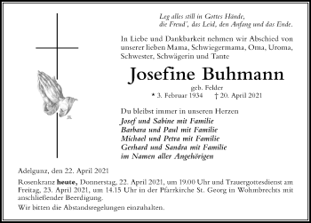 Traueranzeige von Josefine Buhmann von Der Westallgäuer
