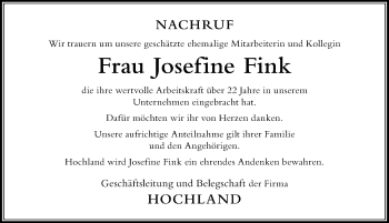 Traueranzeige von Josefine Fink von Der Westallgäuer