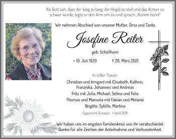 Traueranzeige von Josefine Reiter von Allgäuer Zeitung, Marktoberdorf