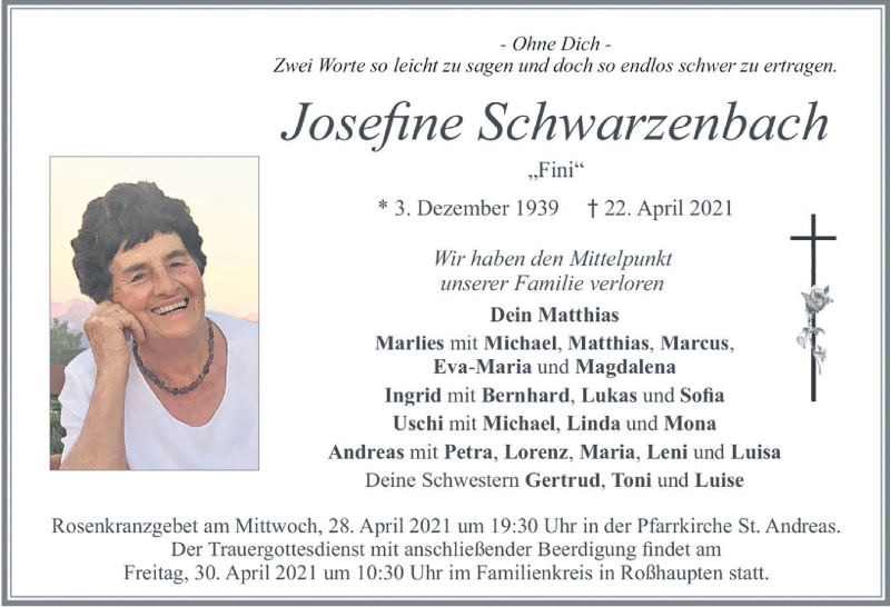  Traueranzeige für Josefine Schwarzenbach vom 27.04.2021 aus Allgäuer Zeitung, Füssen