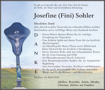 Traueranzeige von Josefine Sohler von Der Westallgäuer