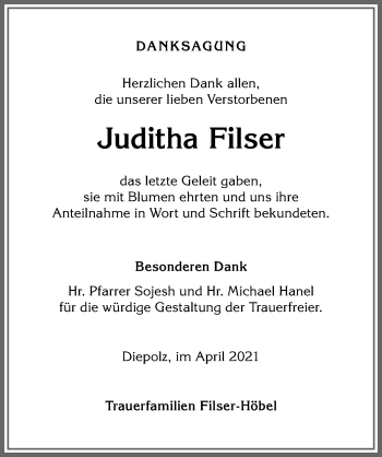 Traueranzeige von Juditha Filser von Allgäuer Anzeigeblatt
