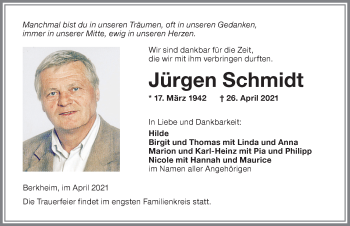 Traueranzeige von Jürgen Schmidt von Memminger Zeitung