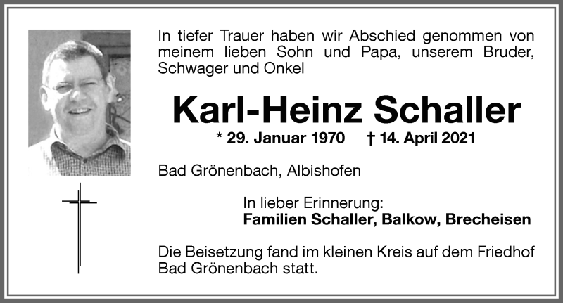  Traueranzeige für Karl-Heinz Schaller vom 23.04.2021 aus Memminger Zeitung
