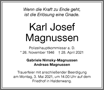 Traueranzeige von Karl Josef Magnussen von Allgäuer Zeitung,Kempten