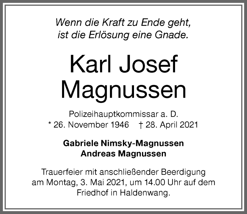  Traueranzeige für Karl Josef Magnussen vom 30.04.2021 aus Allgäuer Zeitung,Kempten