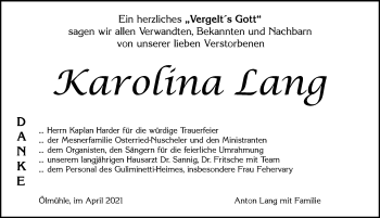 Traueranzeige von Karolina Lang von Allgäuer Zeitung, Marktoberdorf