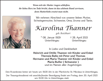 Traueranzeige von Karolina Thanner von Allgäuer Zeitung, Marktoberdorf