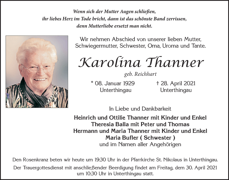  Traueranzeige für Karolina Thanner vom 29.04.2021 aus Allgäuer Zeitung, Marktoberdorf