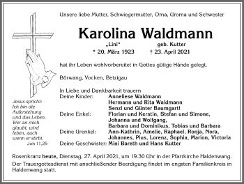 Traueranzeige von Karolina Waldmann von Allgäuer Zeitung,Kempten