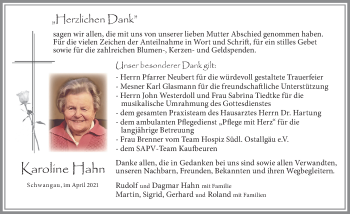 Traueranzeige von Karoline Hahn von Allgäuer Zeitung, Füssen