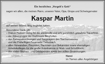 Traueranzeige von Kaspar Martin von Allgäuer Anzeigeblatt