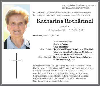 Traueranzeige von Katharina Rothärmel von Allgäuer Zeitung, Marktoberdorf