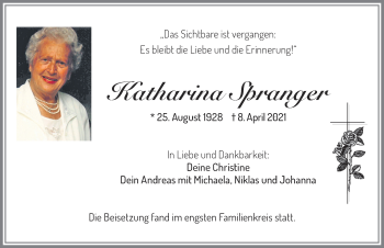 Traueranzeige von Katharina Spranger von Allgäuer Zeitung,Kempten