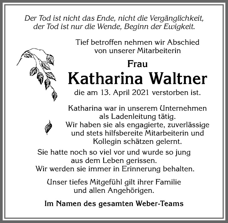  Traueranzeige für Katharina Waltner vom 24.04.2021 aus Allgäuer Anzeigeblatt