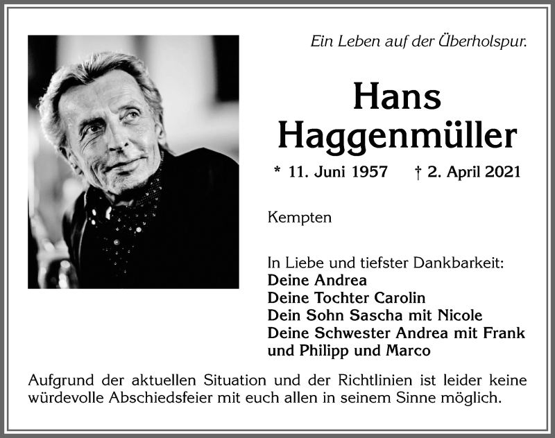  Traueranzeige für Hans Haggenmüller vom 10.04.2021 aus Allgäuer Zeitung